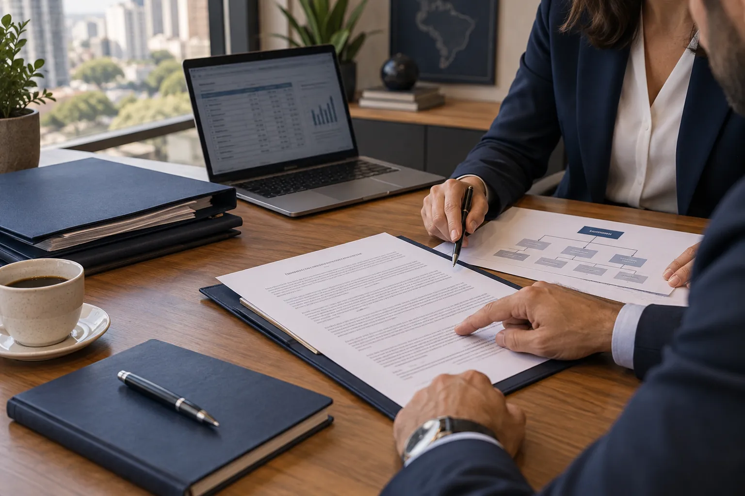 Cena ilustrativa de due diligence empresarial por detetive particular em São Luís, com análise de contratos
