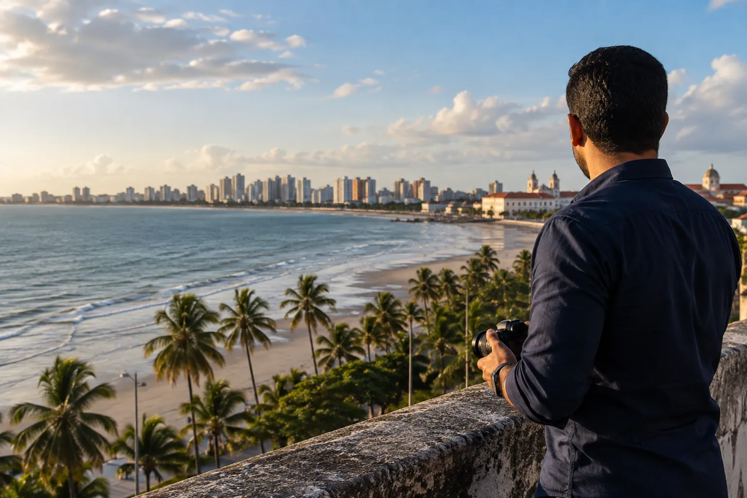 Cena ilustrativa de detetive particular em São Luís com câmera diante de uma paisagem litorânea