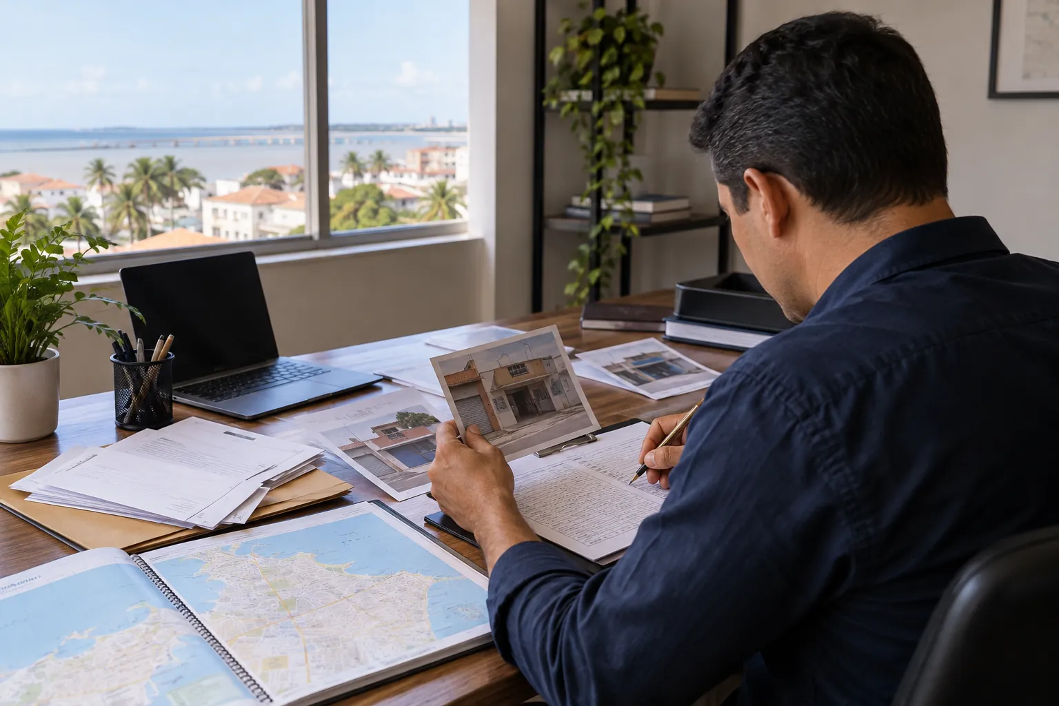 Cena ilustrativa de detetive particular em São Luís conferindo documentos e endereços para localização de devedores