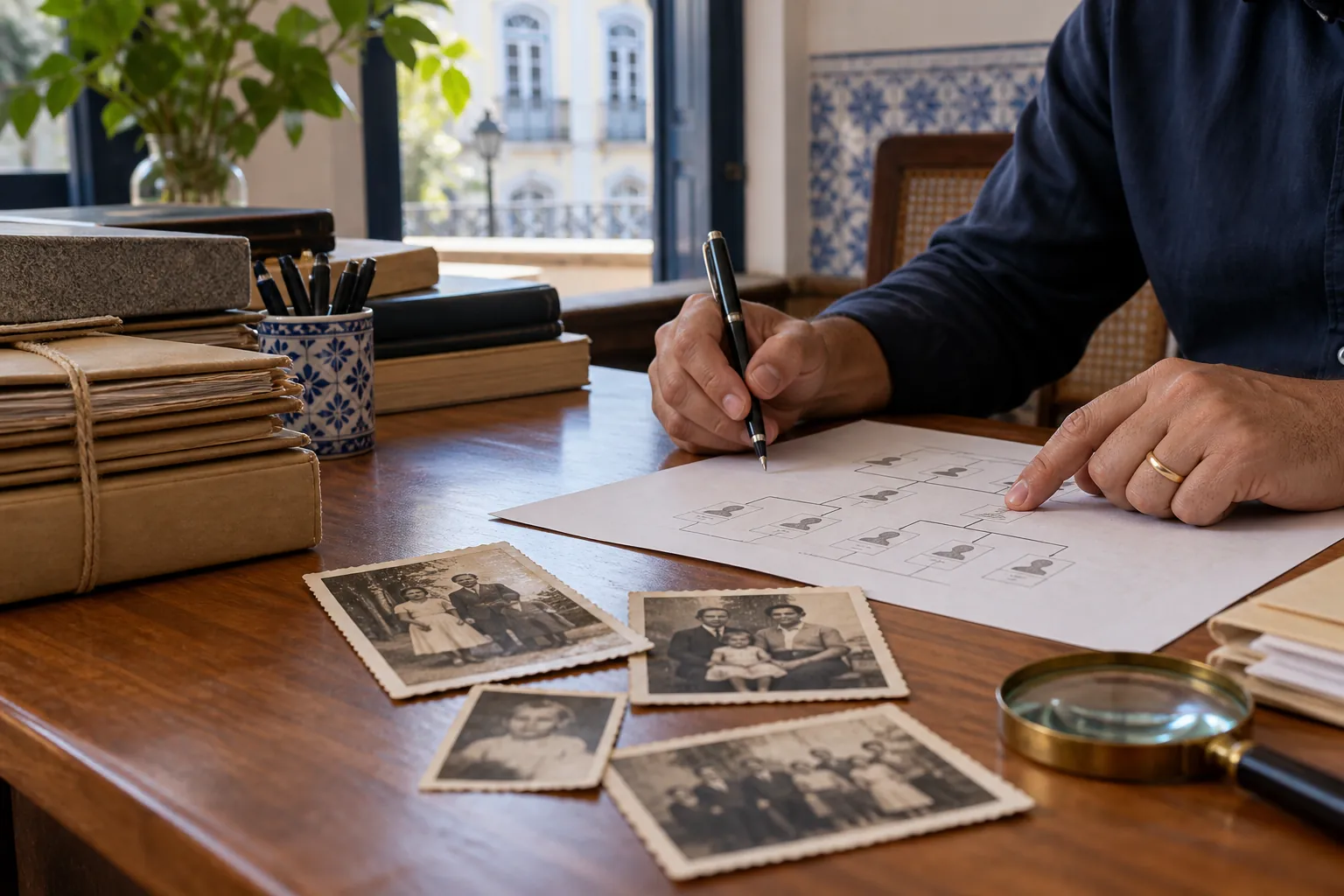 Cena ilustrativa de detetive particular em São Luís pesquisando registros familiares para localização de herdeiros