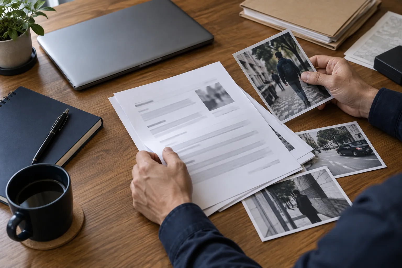 Cena ilustrativa de detetive particular em São Luís organizando documentos, fotografias e relatório de investigação